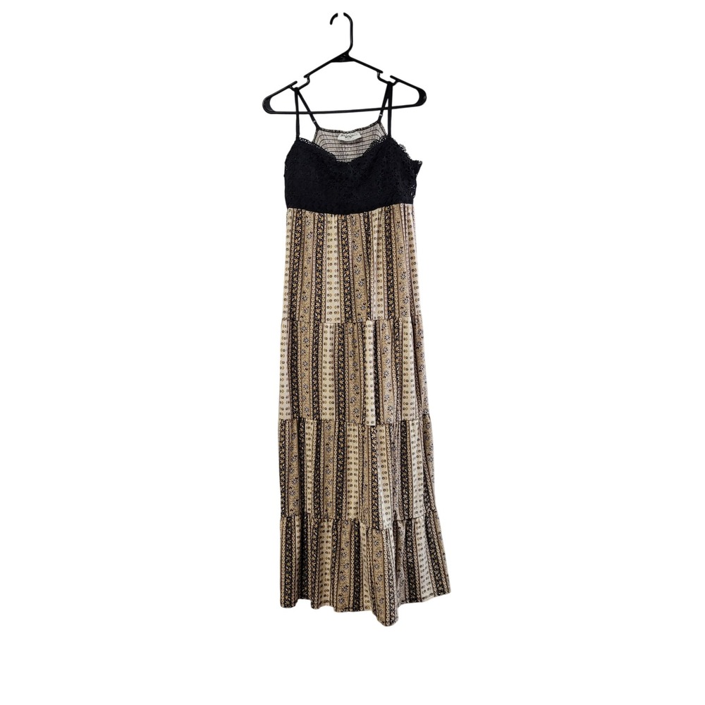 No Boundaries XXL Tan Black Floral Lace Trim Tiered Maxi Dress Cottagecore